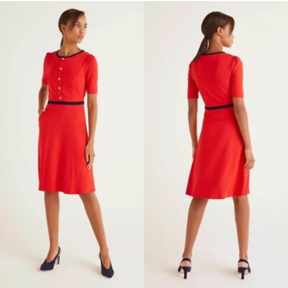 Boden Maria Ponte Red Dress Size 4R Knee Length Knit Black Trim